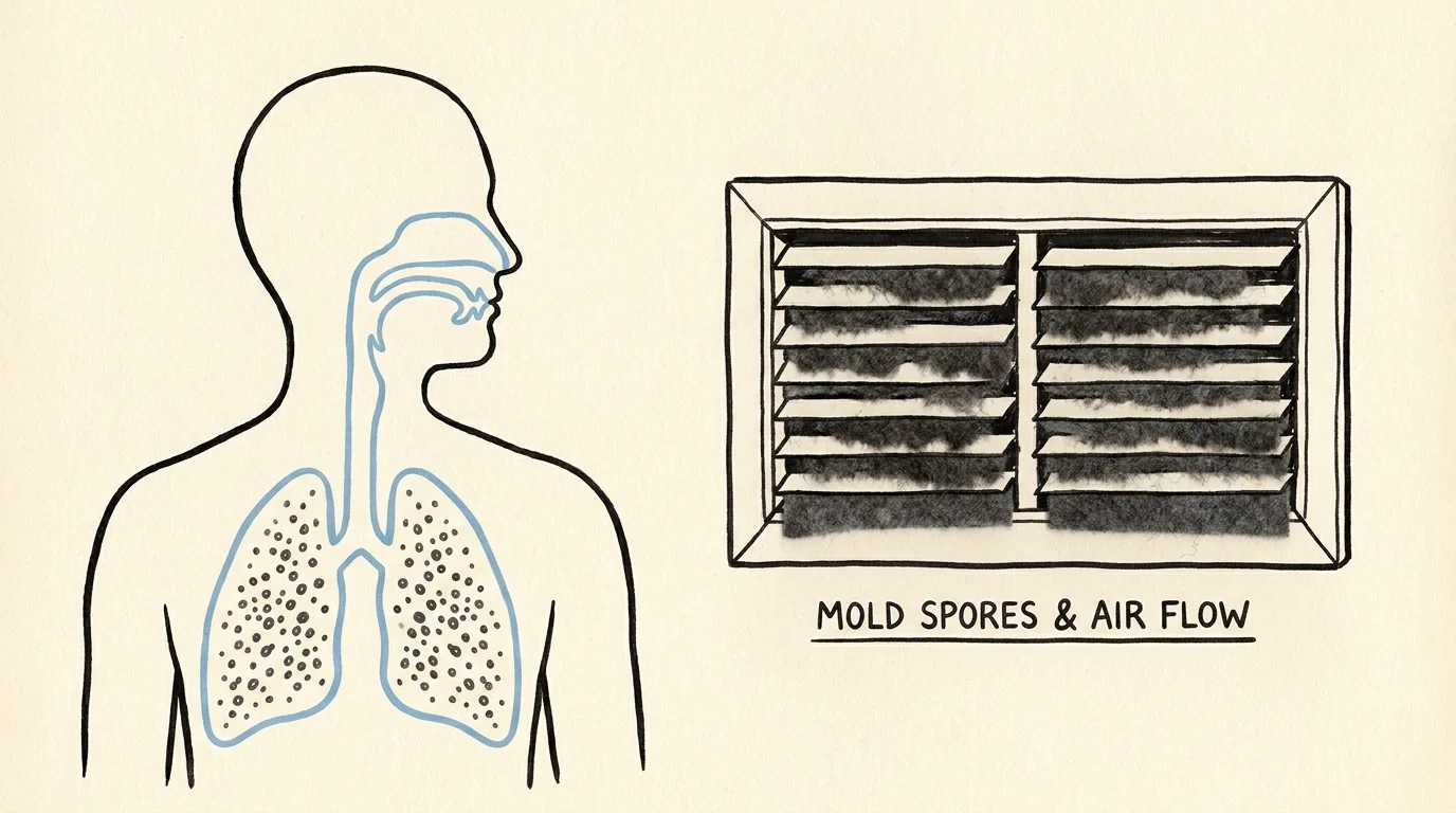 An illustration showing a person's profile with spores entering the respiratory system from a damp air vent.
