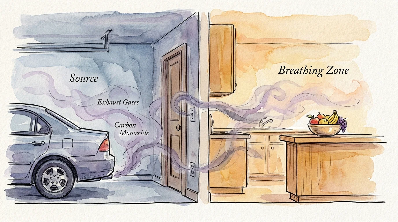 An illustration showing car exhaust fumes drifting from a garage into the house through a shared wall and door.
