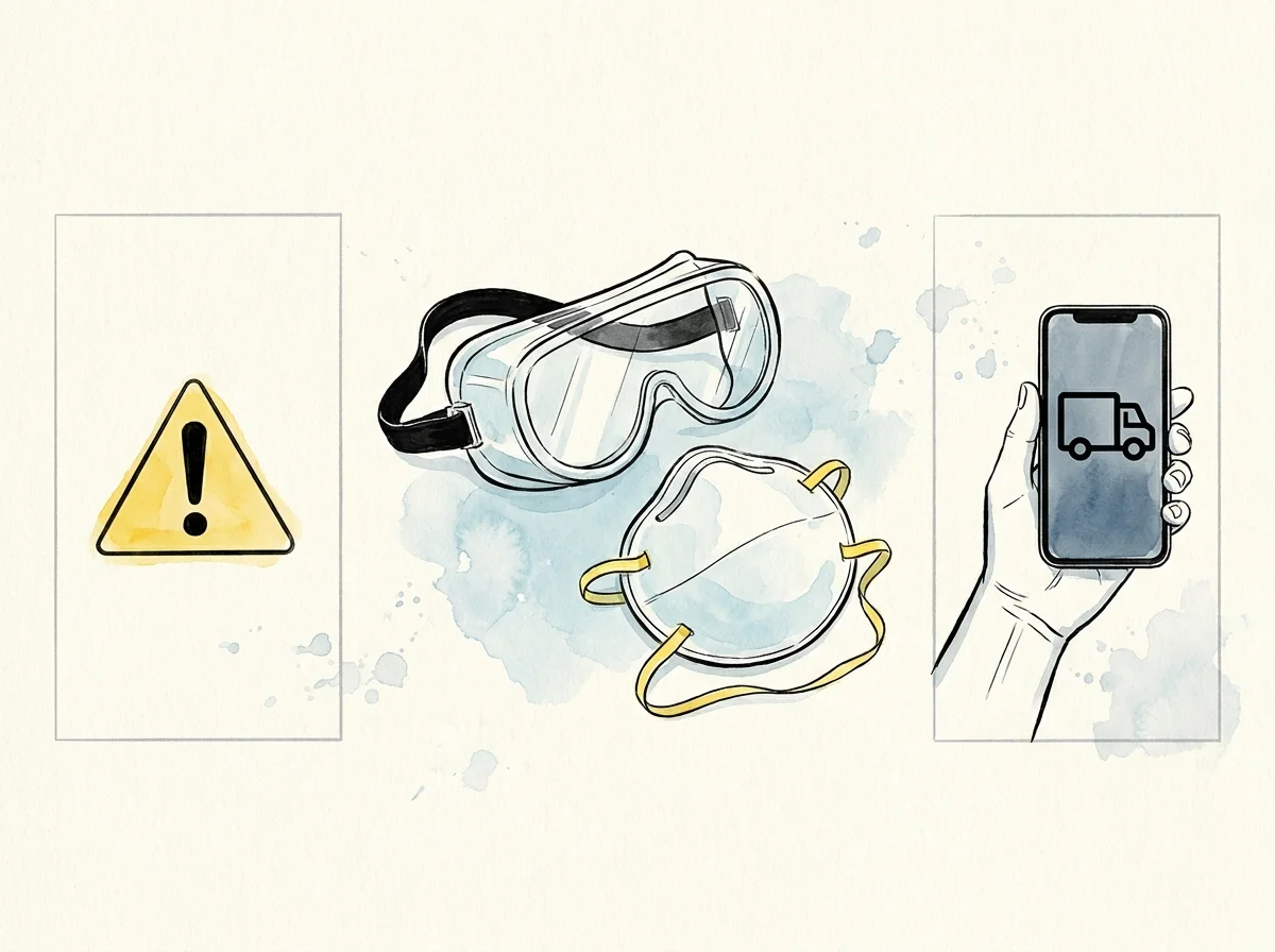 An illustration showing safety gear like goggles and a mask alongside a phone indicating a call for professional help.