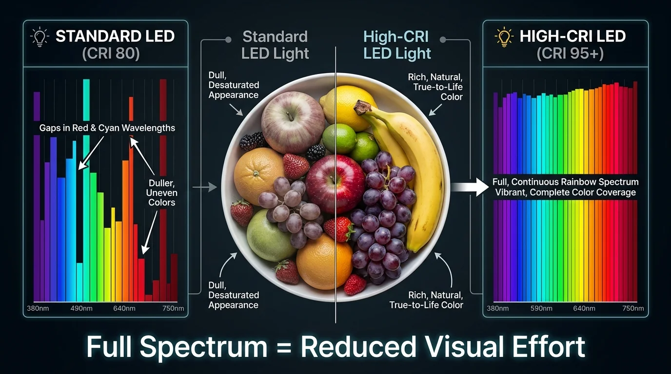 An infographic comparing the color spectrums of standard LED bulbs and high-CRI bulbs for better visual clarity.