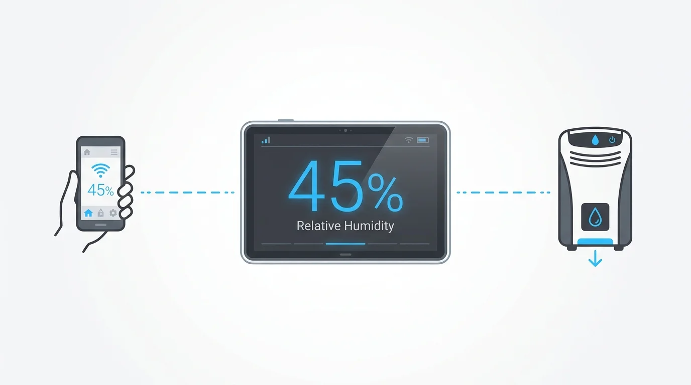 An infographic of a smart hygrometer displaying 45% humidity, connected to a smartphone and a dehumidifier.
