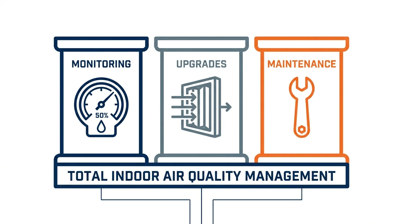 An infographic showing the three pillars of HVAC health: Monitoring, Upgrades, and Maintenance.