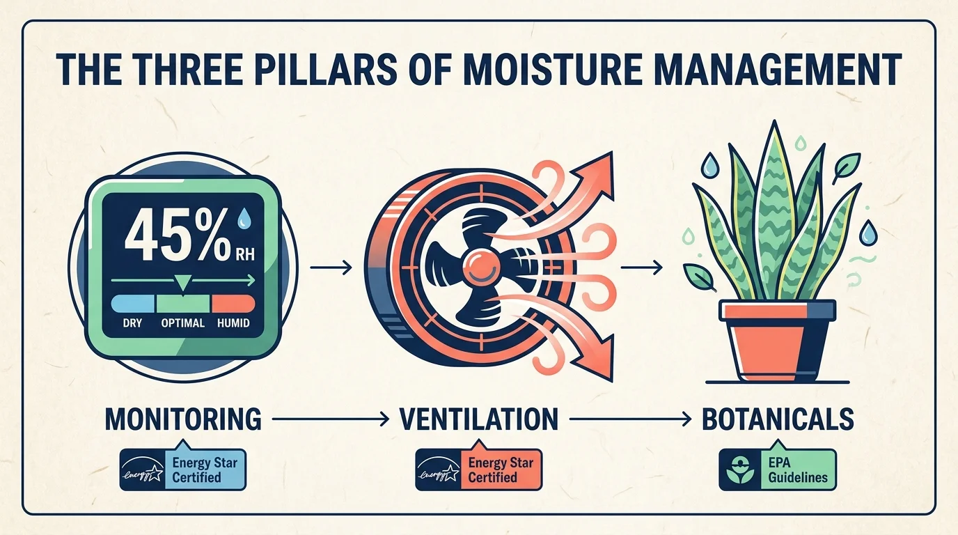 An infographic showing the three pillars of moisture control: digital monitoring, mechanical ventilation, and botanical absorption.