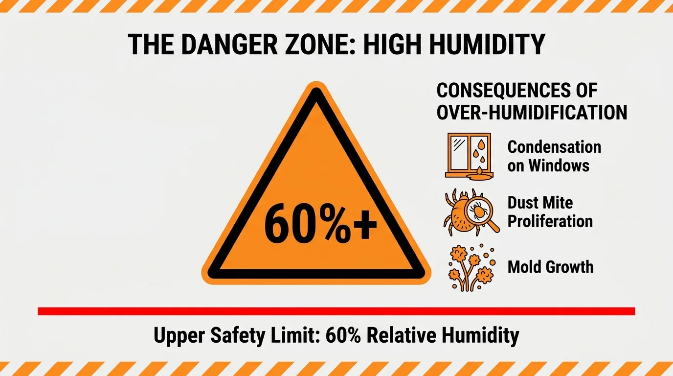 An infographic warning about the risks of humidity levels exceeding 60 percent, including mold and condensation.