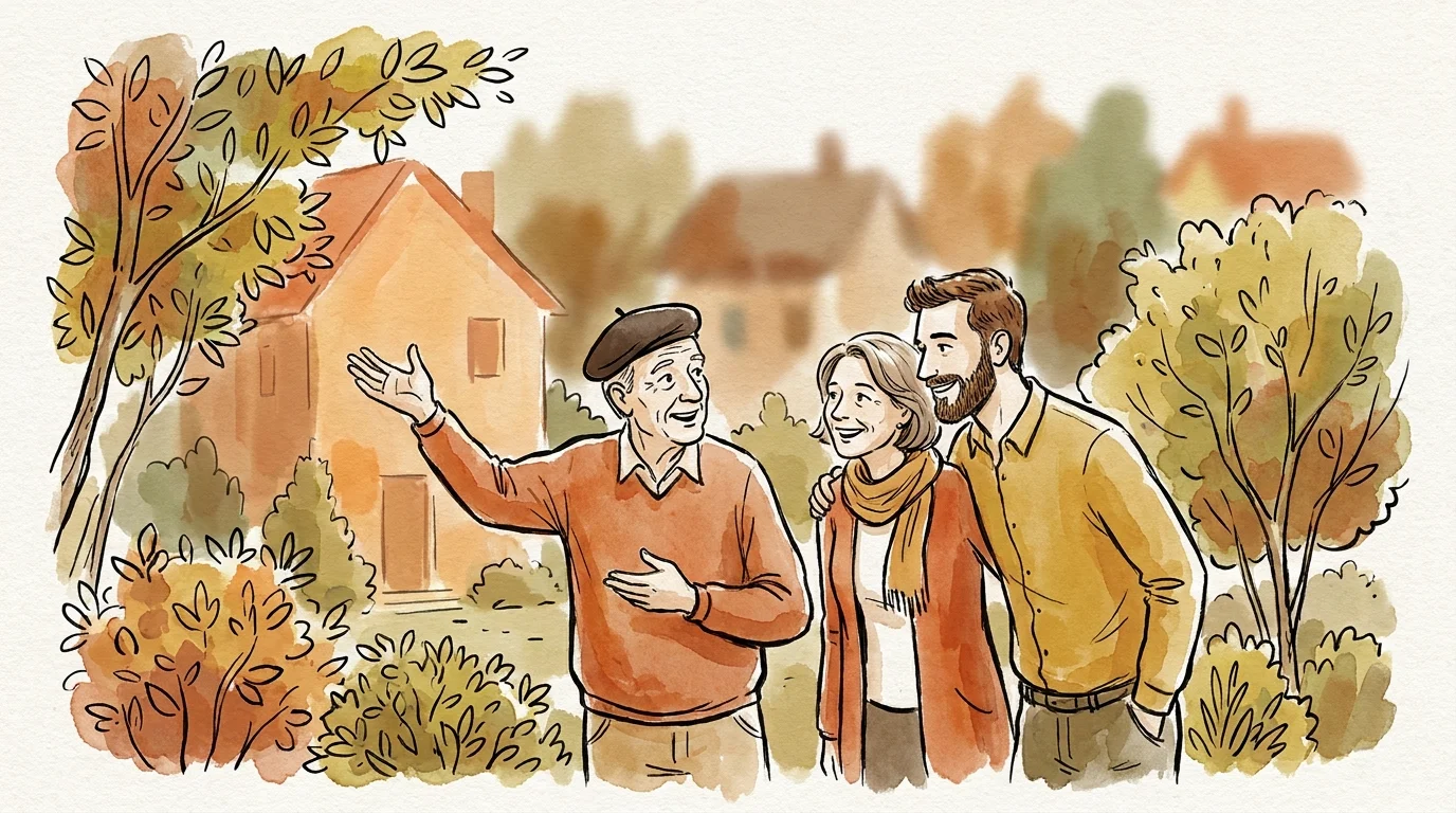 An ink and watercolor illustration of a diverse group of people talking and sharing advice in a neighborhood setting.