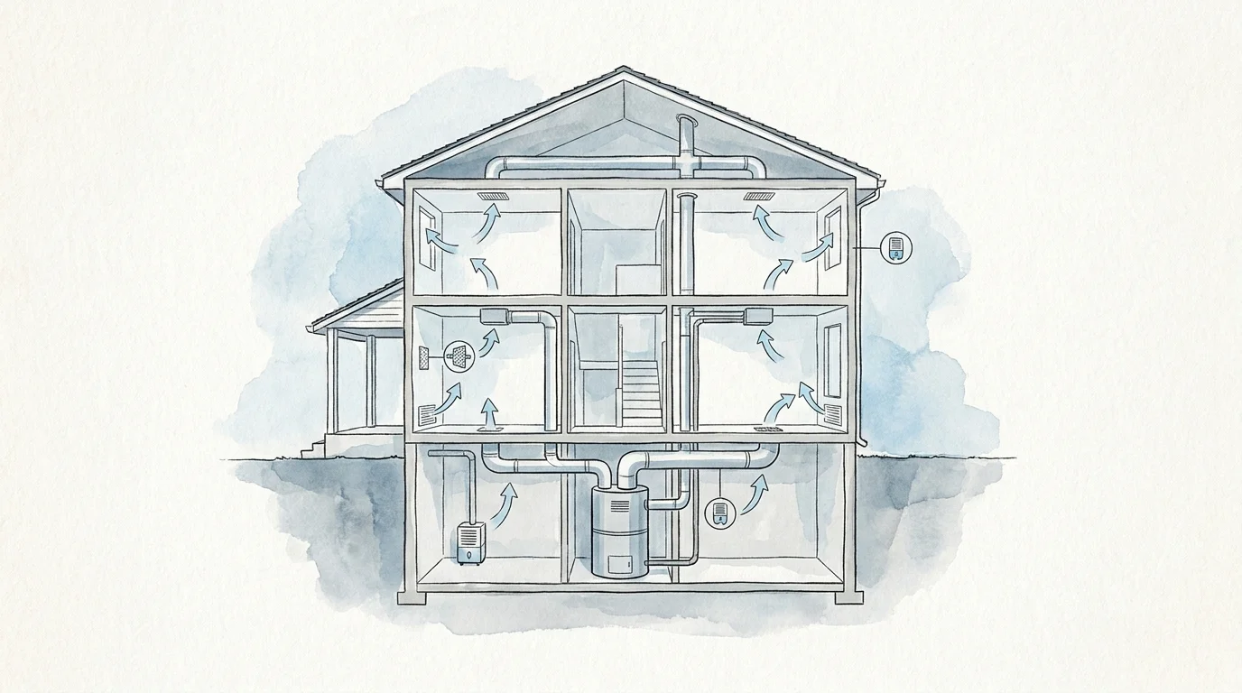 An ink and watercolor illustration of a house cross-section showing the internal air filtration and mechanical systems.