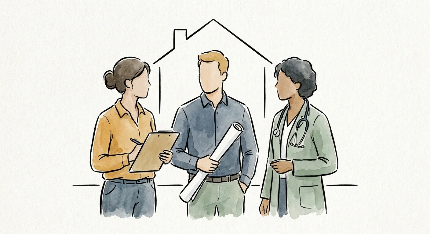 An ink and watercolor illustration of three experts standing together in front of a house outline.