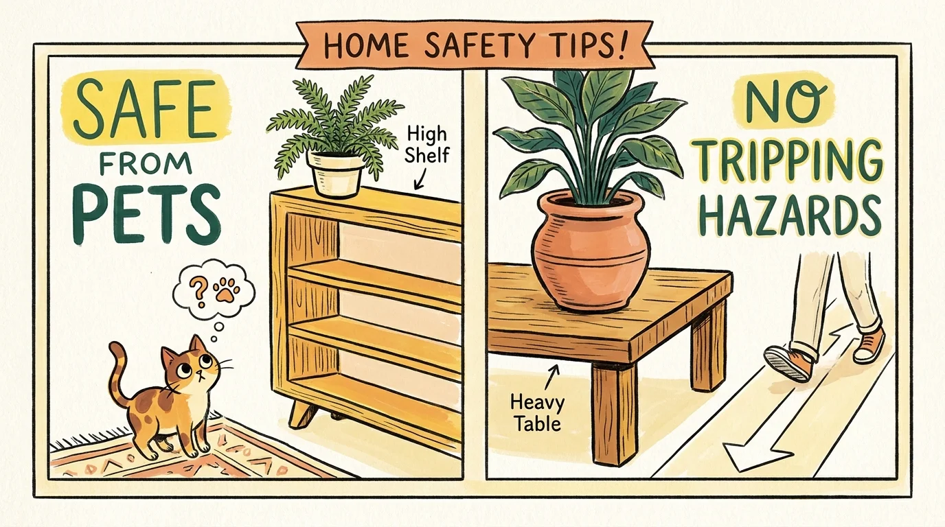 An instructional illustration showing safe plant placement on high shelves and away from walking paths.