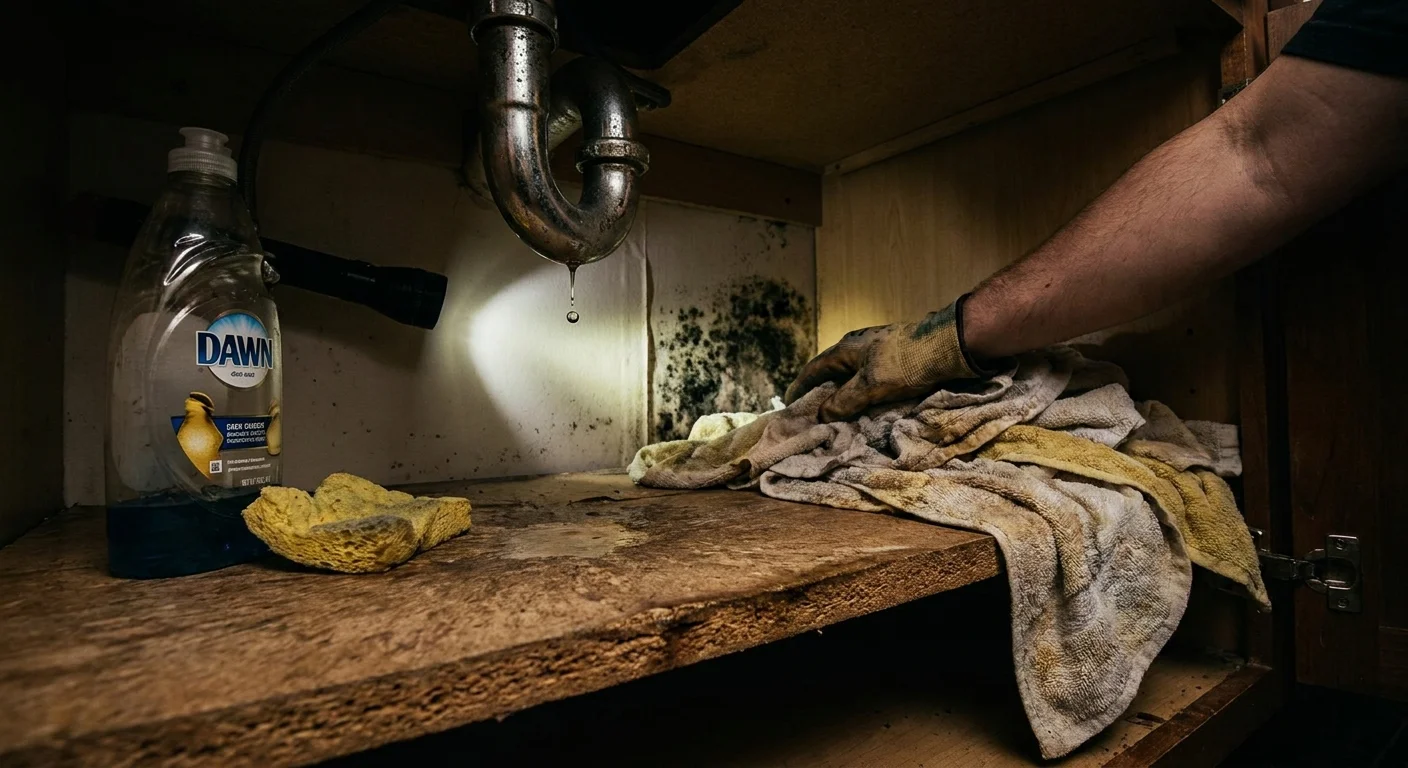 An interior view of a dark under-sink cabinet showing water stains and mold growth behind cleaning supplies.