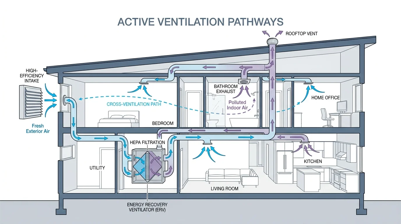 Architectural diagram showing a house cross-section with arrows indicating fresh air intake and stale air exhaust.