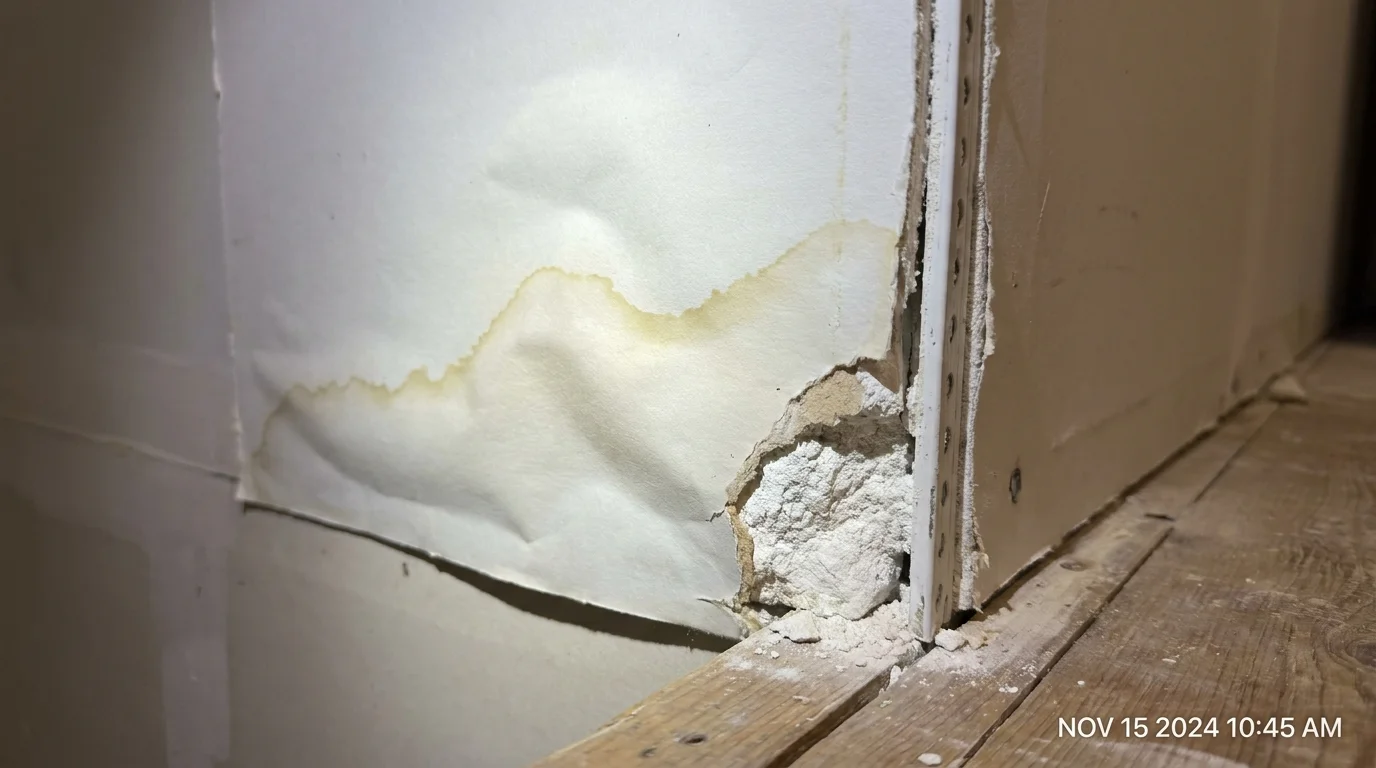 Close-up of a damaged drywall corner with a visible soft gypsum core and moisture staining.