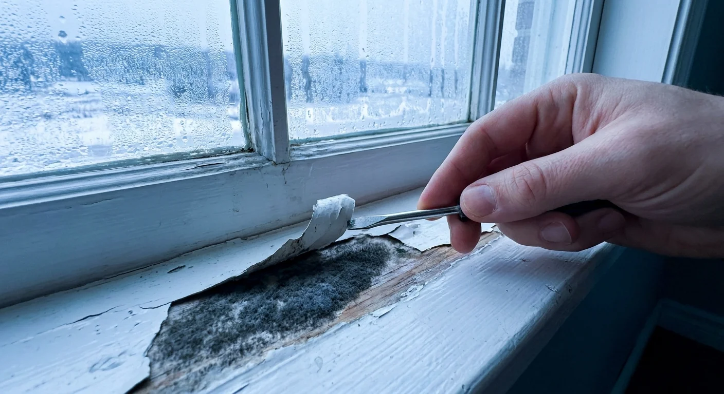 Close-up of a hand prying back peeling paint on a window sill to reveal dark mold growth underneath.