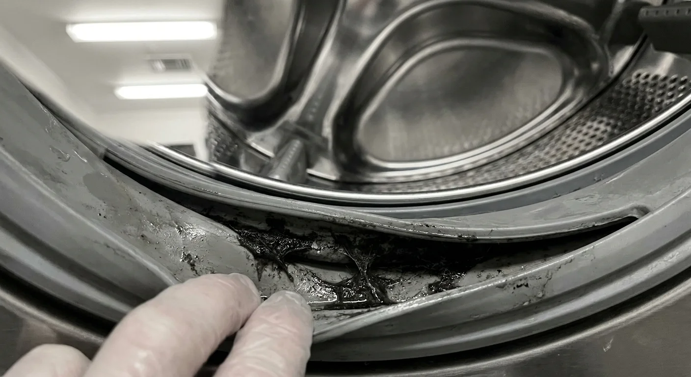 Close-up of a hand pulling back a washing machine rubber seal to reveal hidden mold and slime.