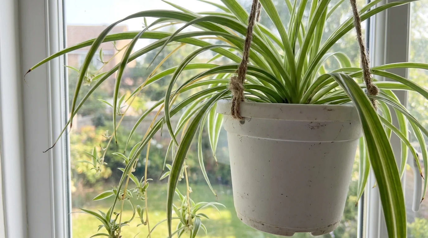 Close-up of a variegated spider plant with its signature long leaves and dangling plantlets.