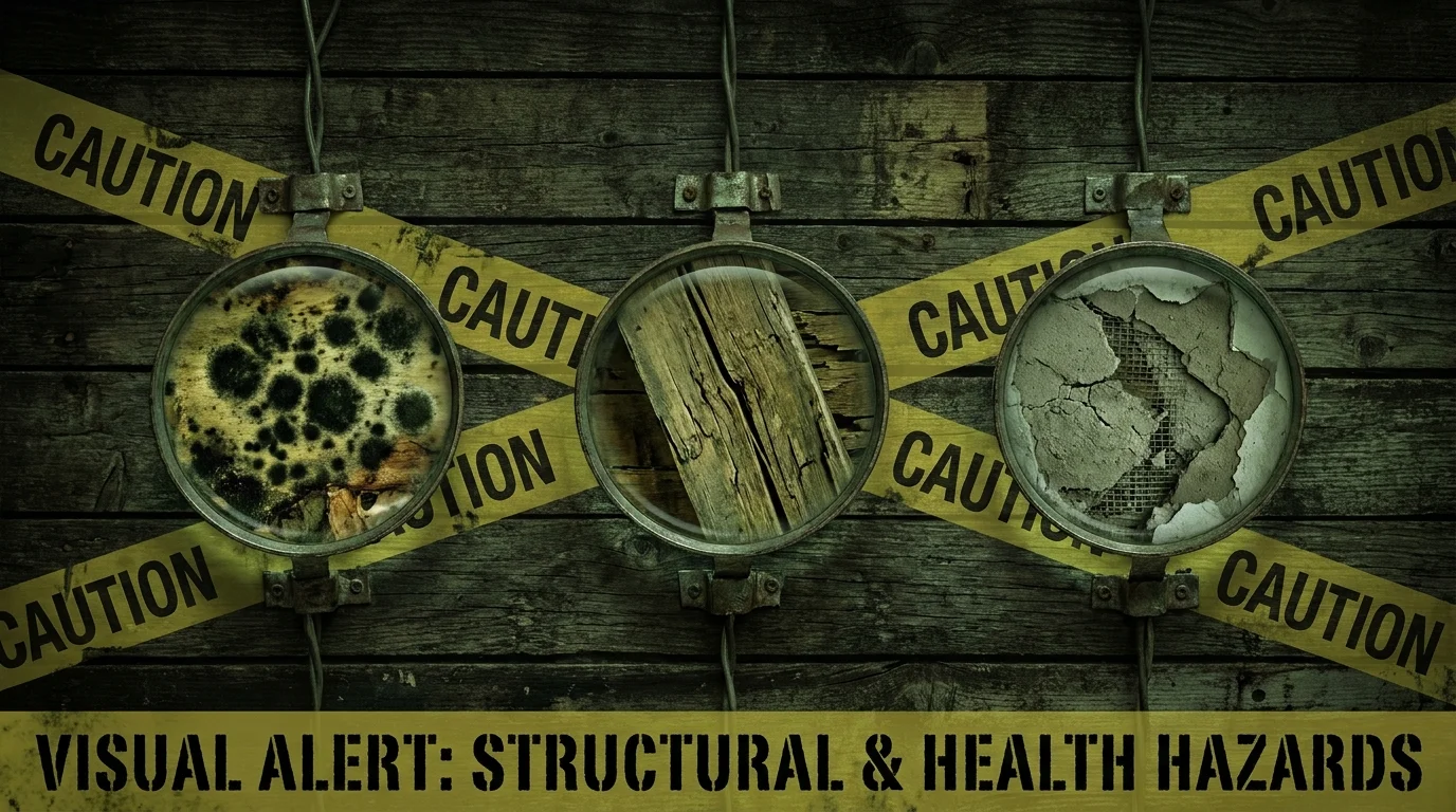 Conceptual warning image showing magnifying glasses over mold, warped wood, and crumbling drywall.
