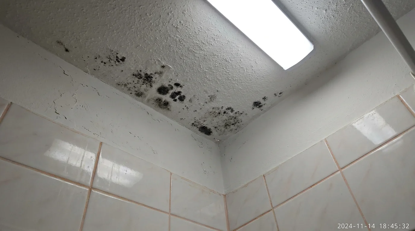 Documentary-style photo of black mold spots beginning to grow in the corner of a white bathroom ceiling.