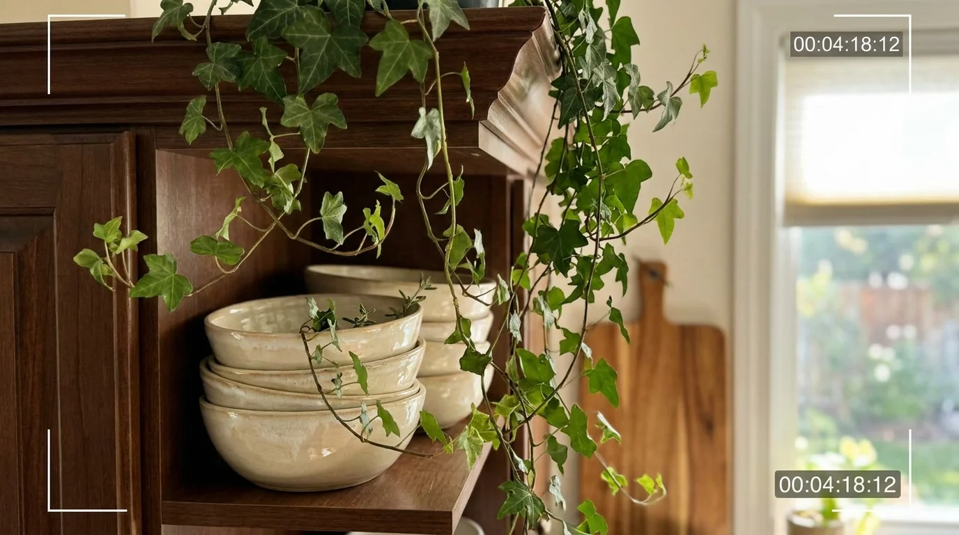 English ivy vines trailing down from a kitchen cabinet over a stack of white bowls.