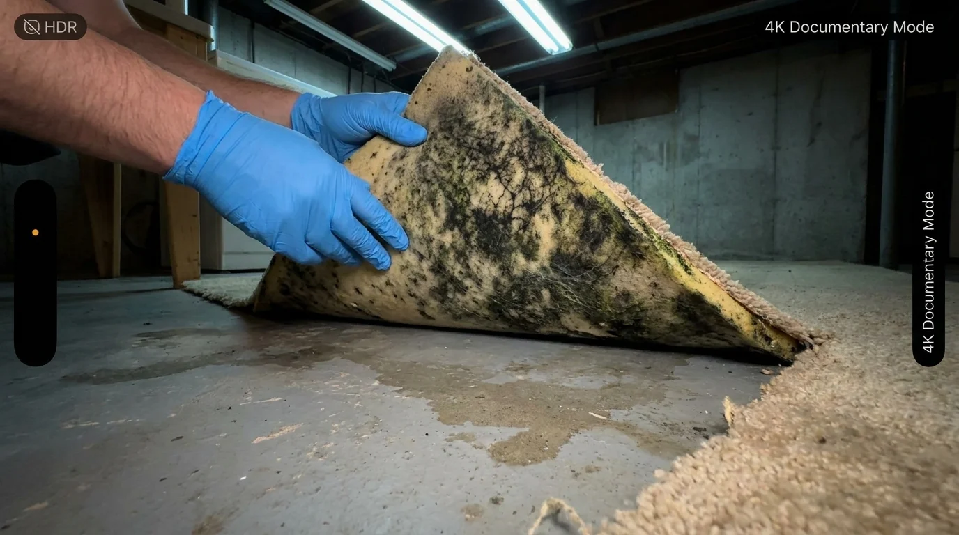 Gloved hands peeling back basement carpet to reveal a large area of mold growth on the padding and concrete floor.