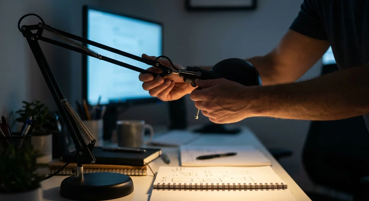 Hands adjusting a black task lamp to illuminate a desk surface while avoiding screen glare.