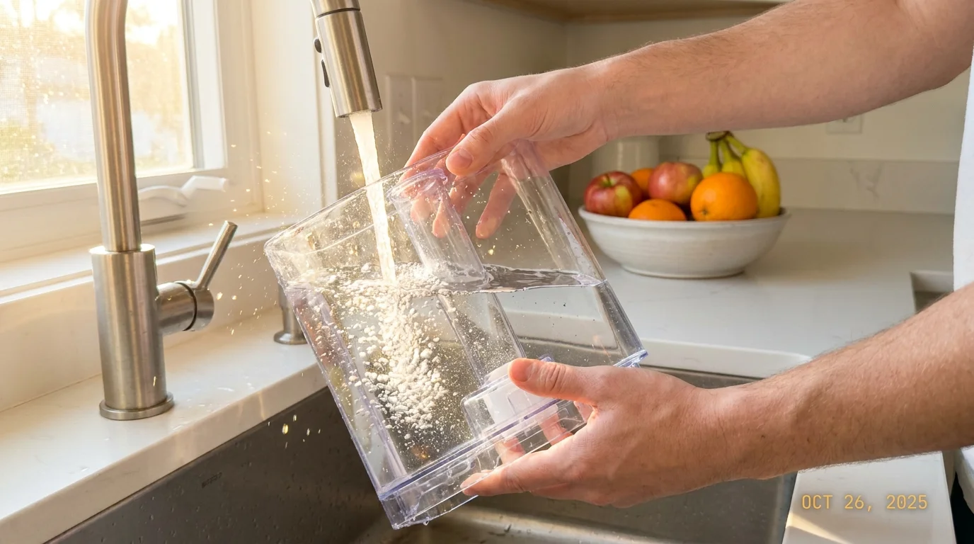 Hands filling a transparent water tank for a humidifier at a kitchen sink.