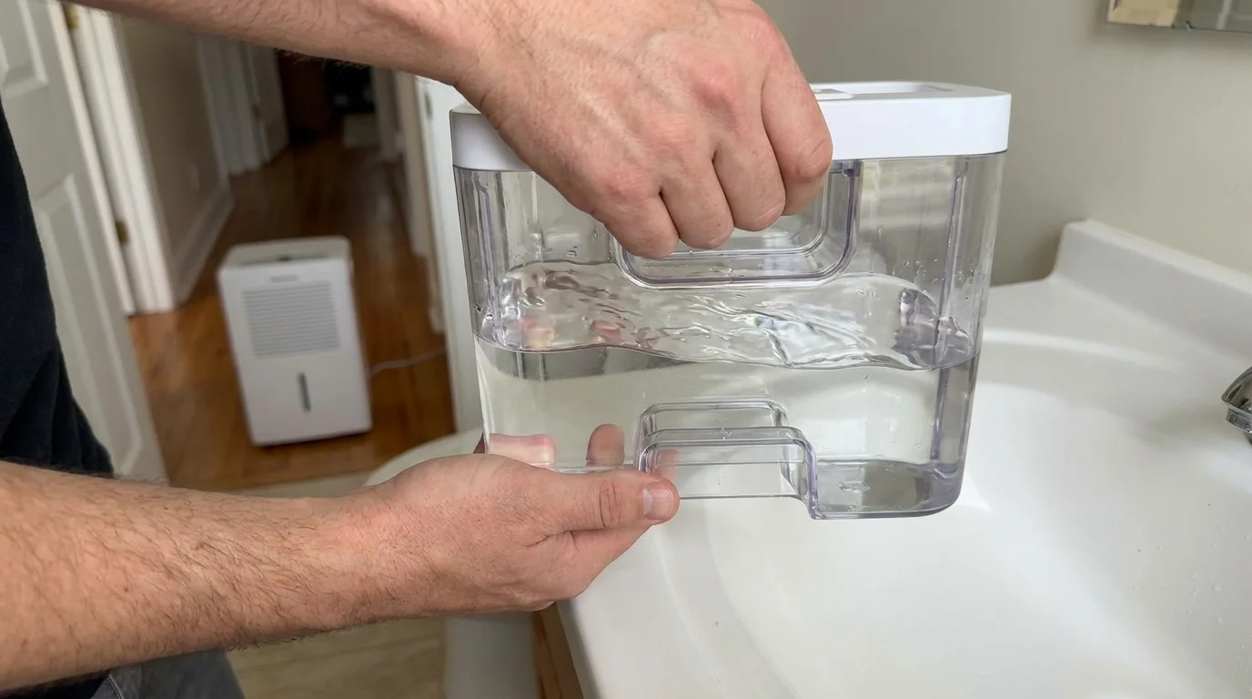 Hands holding a full water tank from a dehumidifier, about to empty it into a sink.