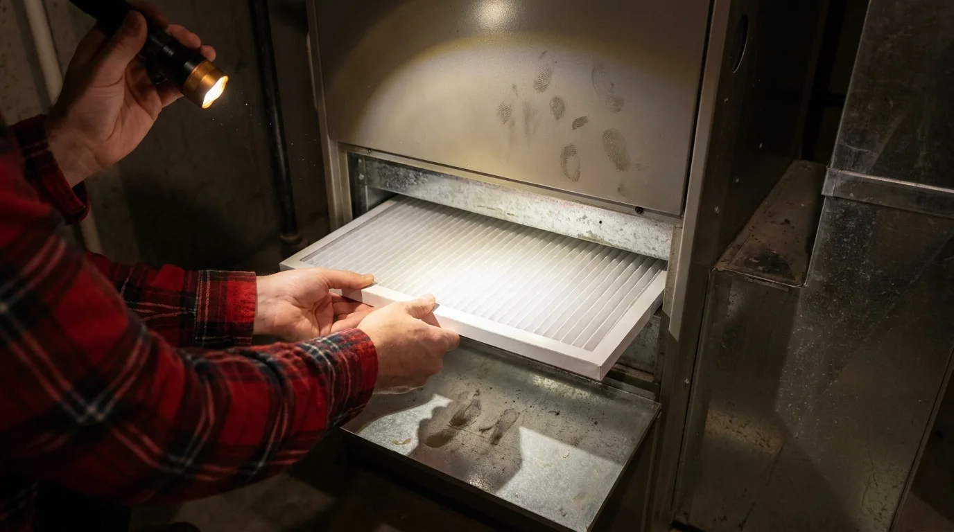 Hands sliding a clean white air filter into a home HVAC system as part of regular preventative maintenance.