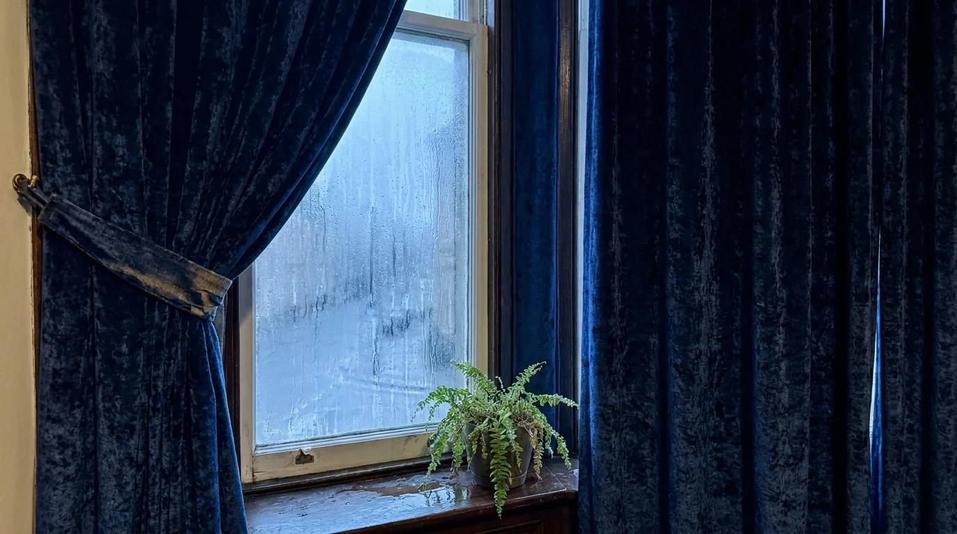 Heavy blue velvet curtains pulled back to show thick condensation on a cold window pane.