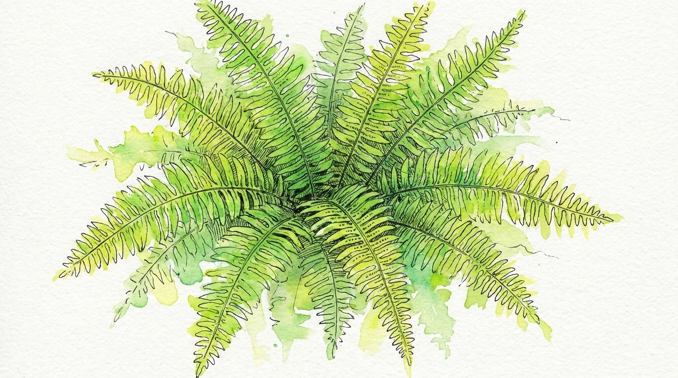 Illustration of a lush Boston Fern with feathery, arching green fronds that thrive in humid environments.