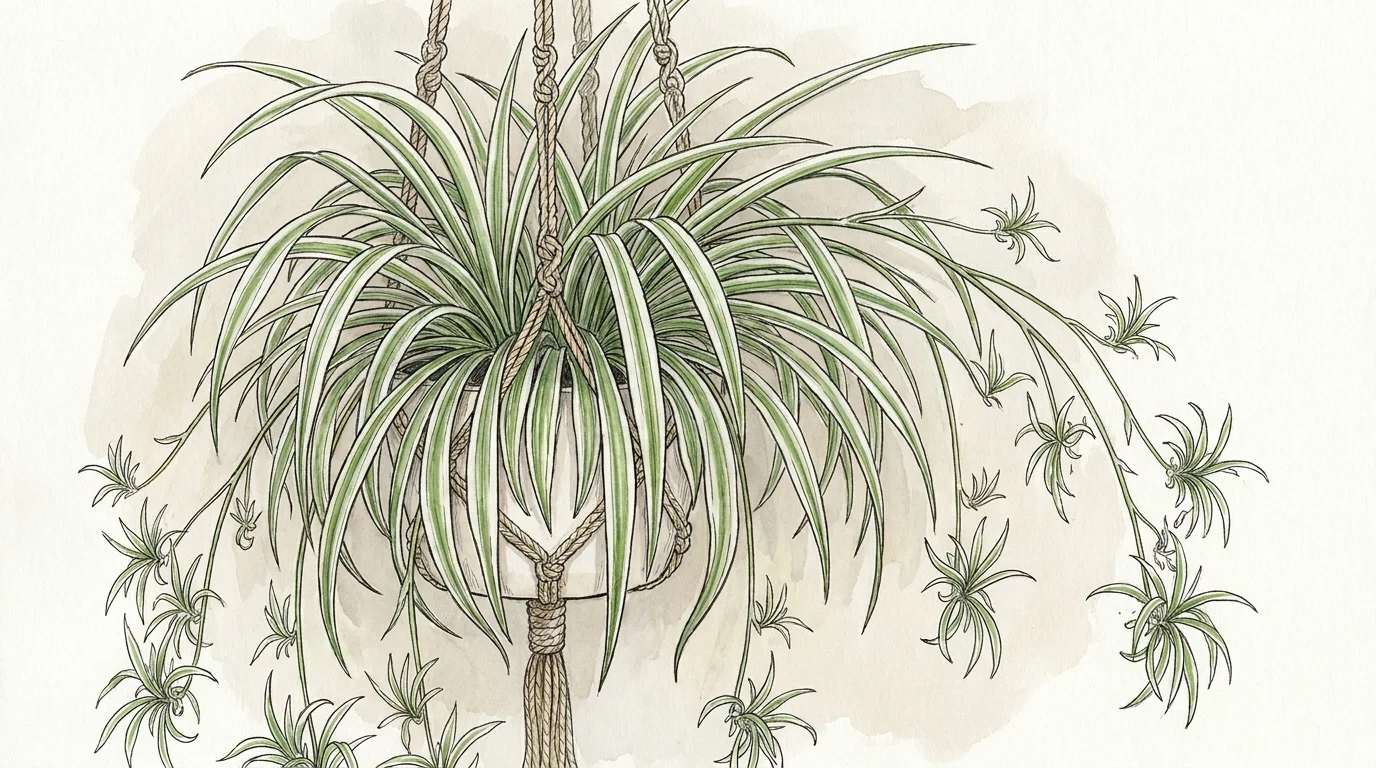 Illustration of a variegated Spider Plant with long green and white leaves and small plantlets hanging down.