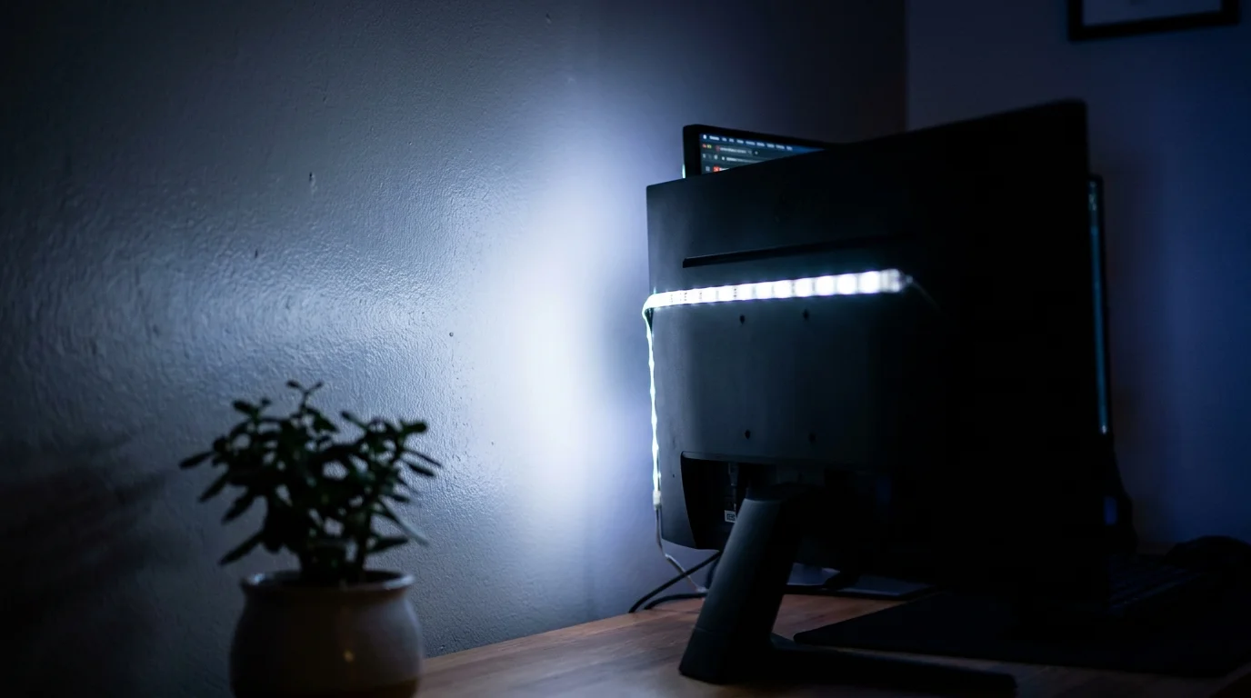LED bias lighting attached to the back of a computer monitor, casting a soft glow on the wall behind it.