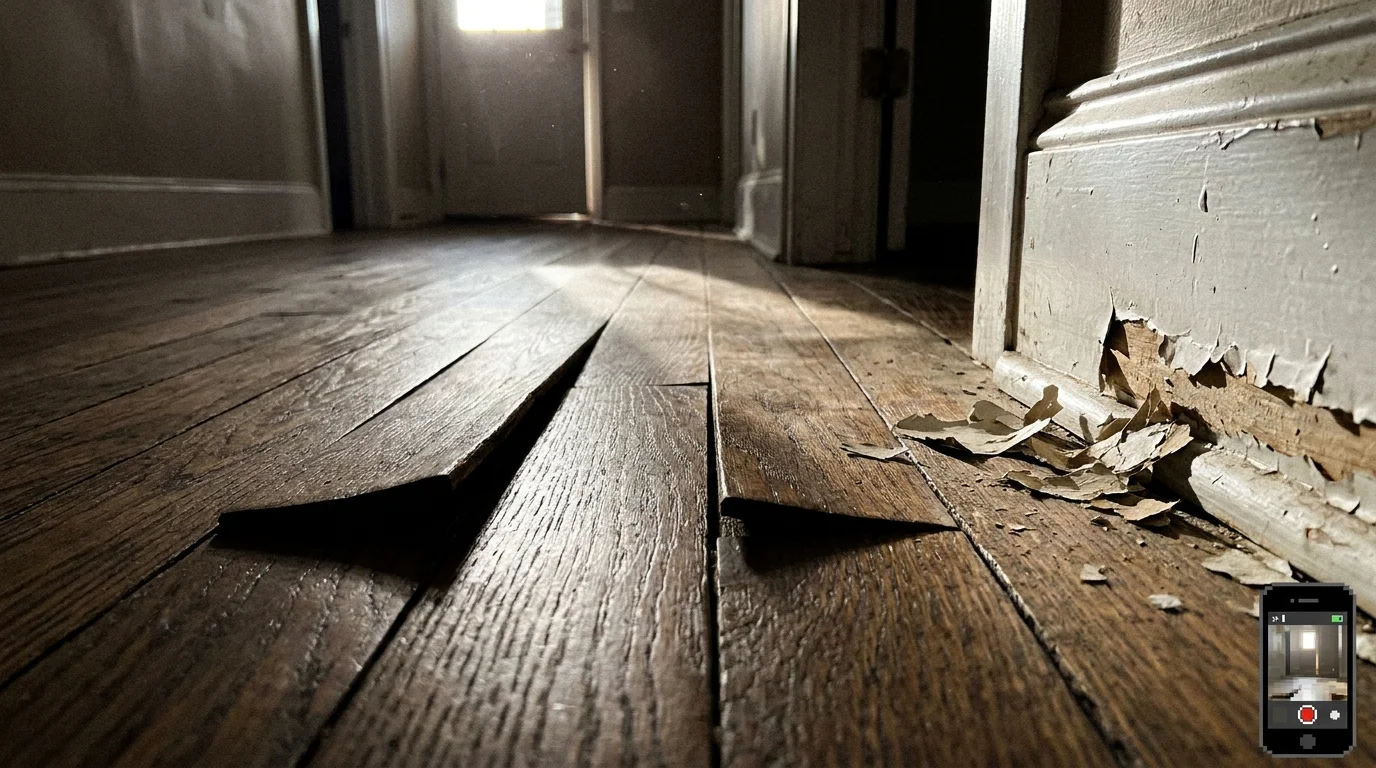 Low-angle shot of a hardwood floor showing warped, cupped planks and peeling paint along the baseboard.