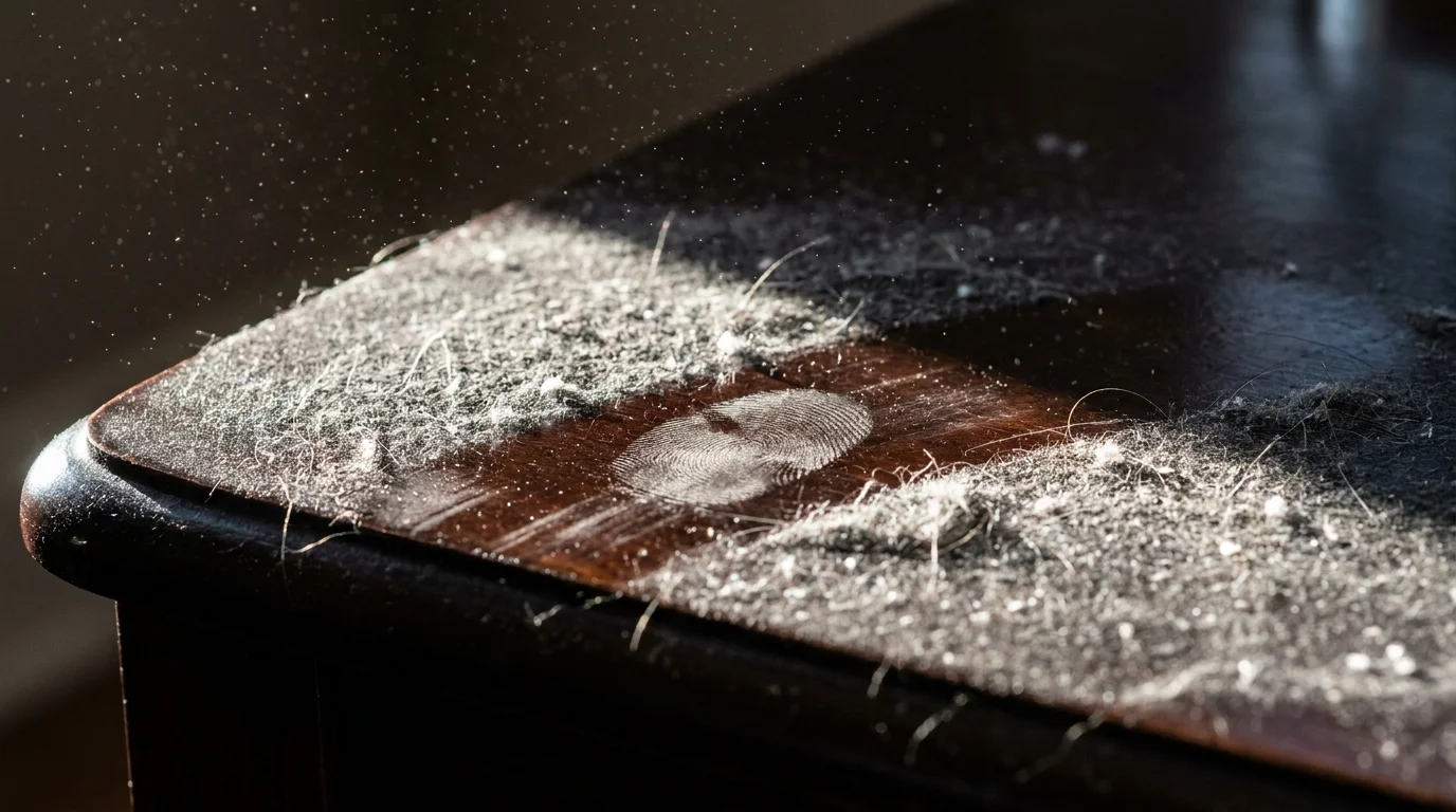 Macro shot of a thick layer of dust on a dark wood table, illuminated by a sharp beam of sunlight showing airborne particles.