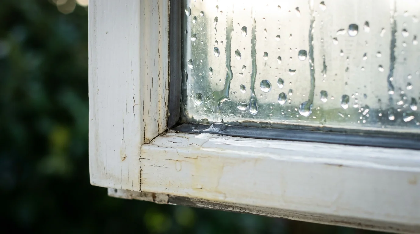 Macro shot of water droplets pooling on a white window frame, showing the early signs of moisture damage.