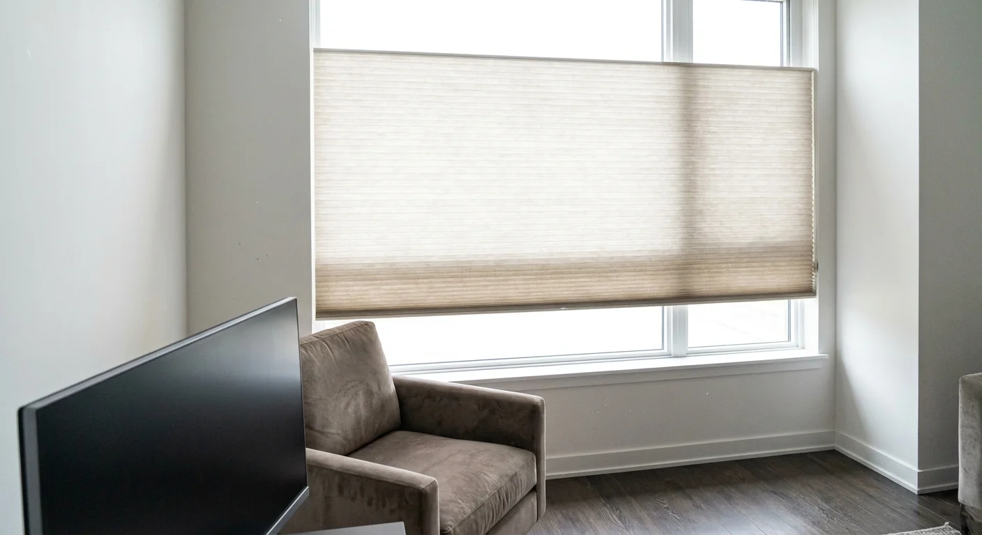 Semi-sheer window shades diffusing bright sunlight to prevent glare on a nearby computer screen.
