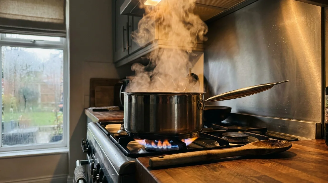 Steam rising from a boiling pot on a stove, illustrating how cooking increases kitchen humidity.