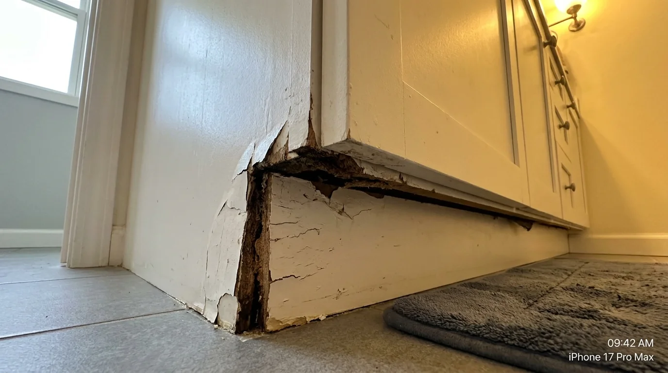 The bottom of a white bathroom vanity showing swollen, water-damaged MDF wood.