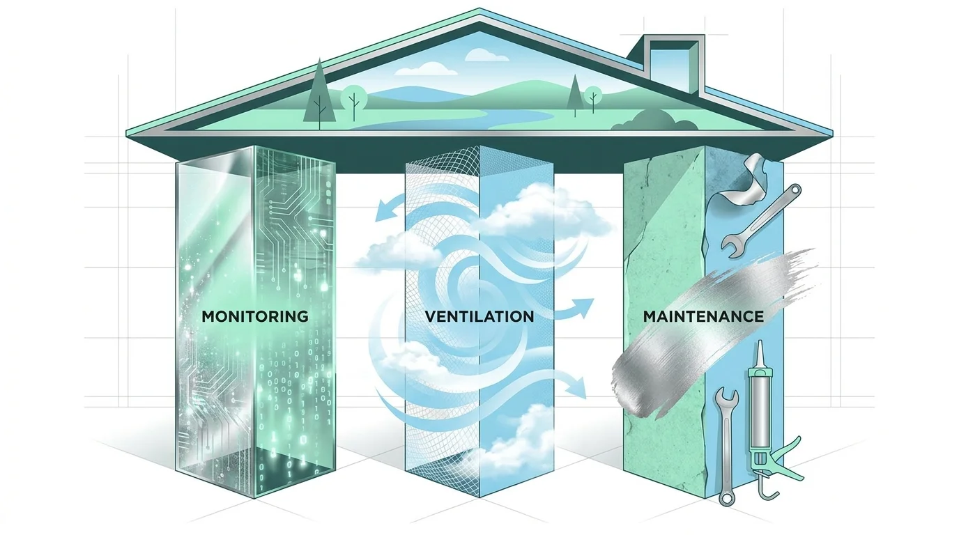 Three abstract pillars representing monitoring, ventilation, and maintenance supporting a roof.