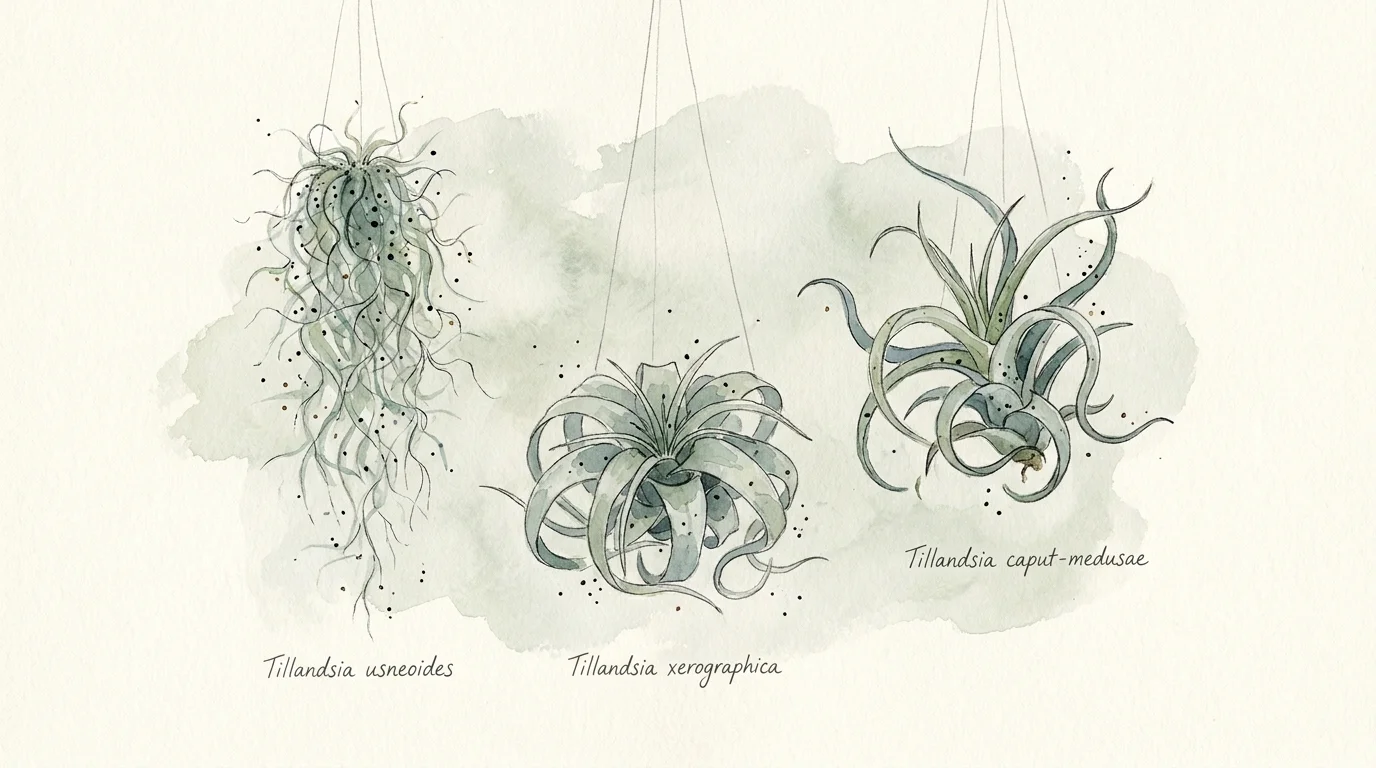 Watercolor art of silvery-green air plants floating in space, showing their unique soil-free structure.