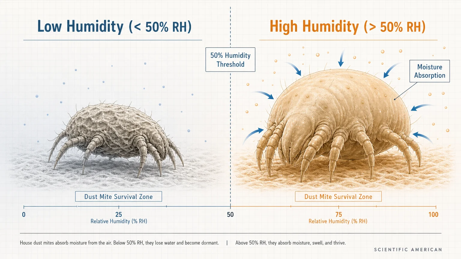 A diagram comparing dust mite survival in air below and above 50% relative humidity.