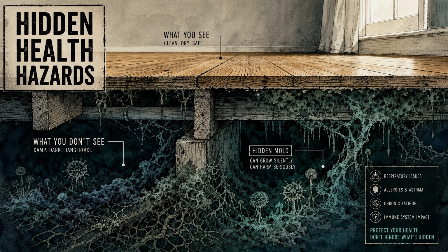A moody watercolor illustration of dark mold growing secretly beneath a floorboard, highlighting hidden health risks.