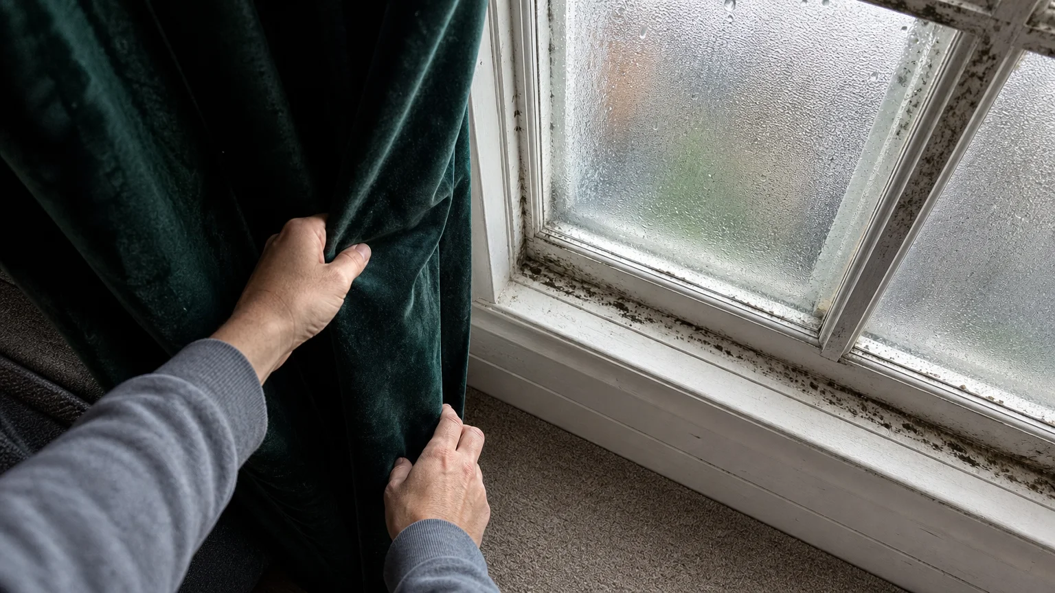 A person pulls back a heavy green curtain to reveal moisture and mold growth on a window frame.