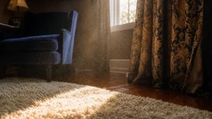 A sunlit living room showing dust particles floating above a thick shag carpet and heavy velvet curtains.