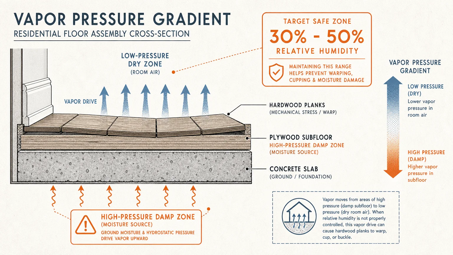 A technical diagram showing moisture moving upward through a subfloor into hardwood planks, with a 30-50% humidity target label.