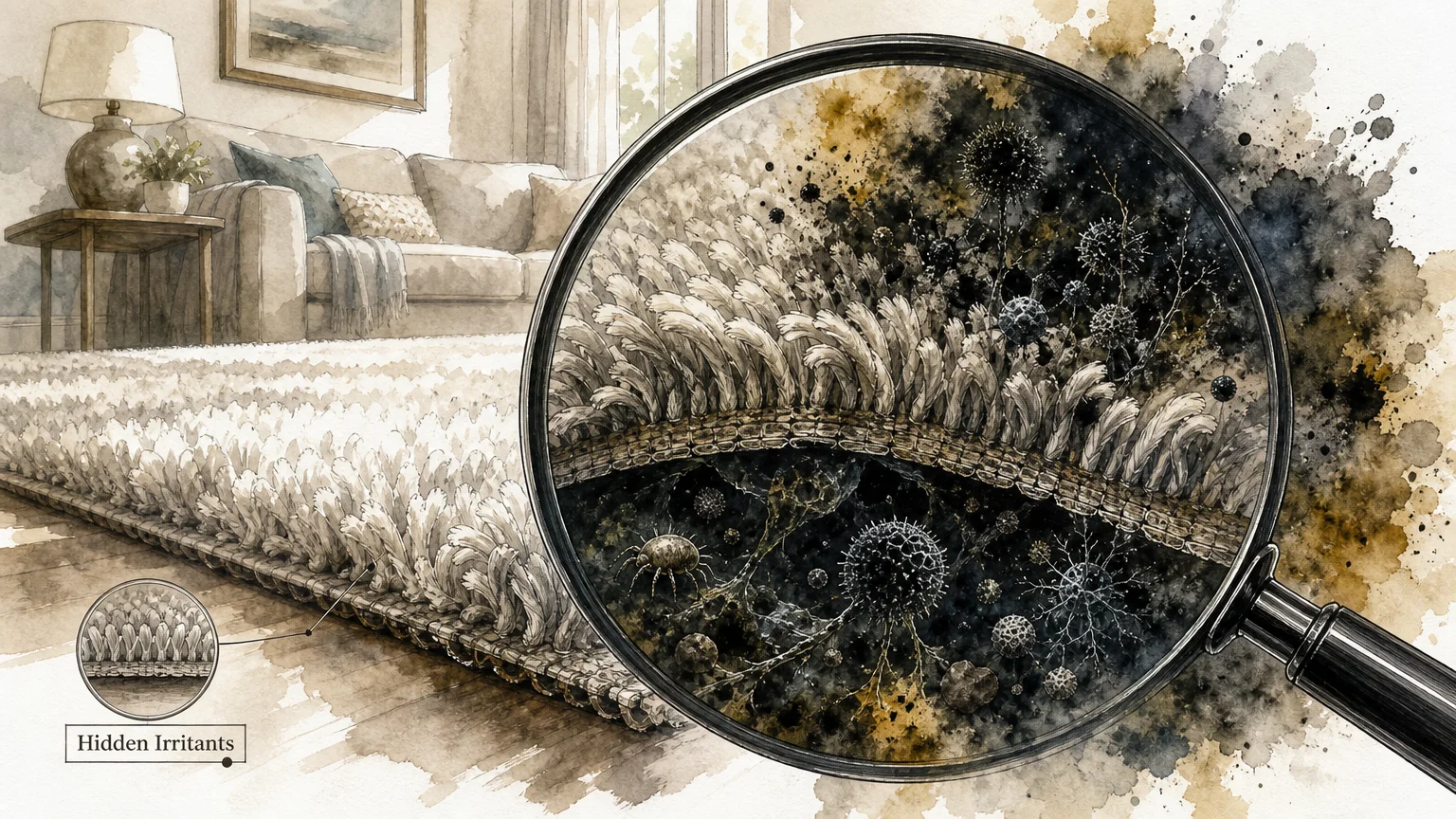 An illustration of a magnifying glass revealing dark mold spores hidden within beautiful rug fibers.