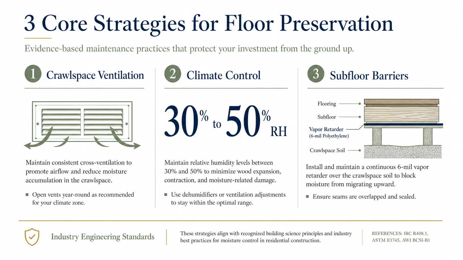 An infographic showing three pillars of floor maintenance: ventilation, climate control (30-50% RH), and subfloor barriers.