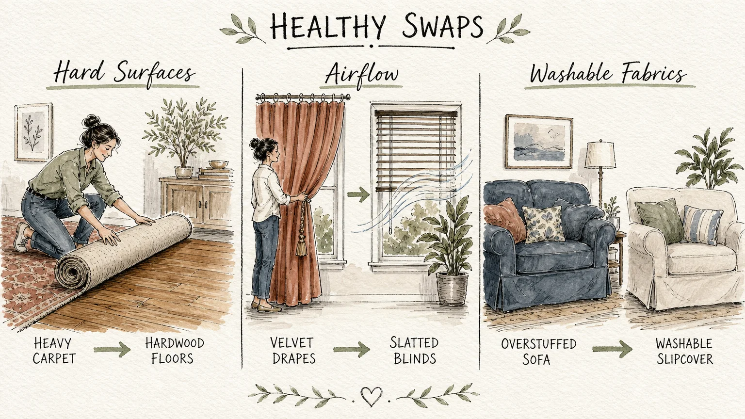 Watercolor illustrations showing home decor swaps: hardwood floors, slatted blinds, and washable covers.